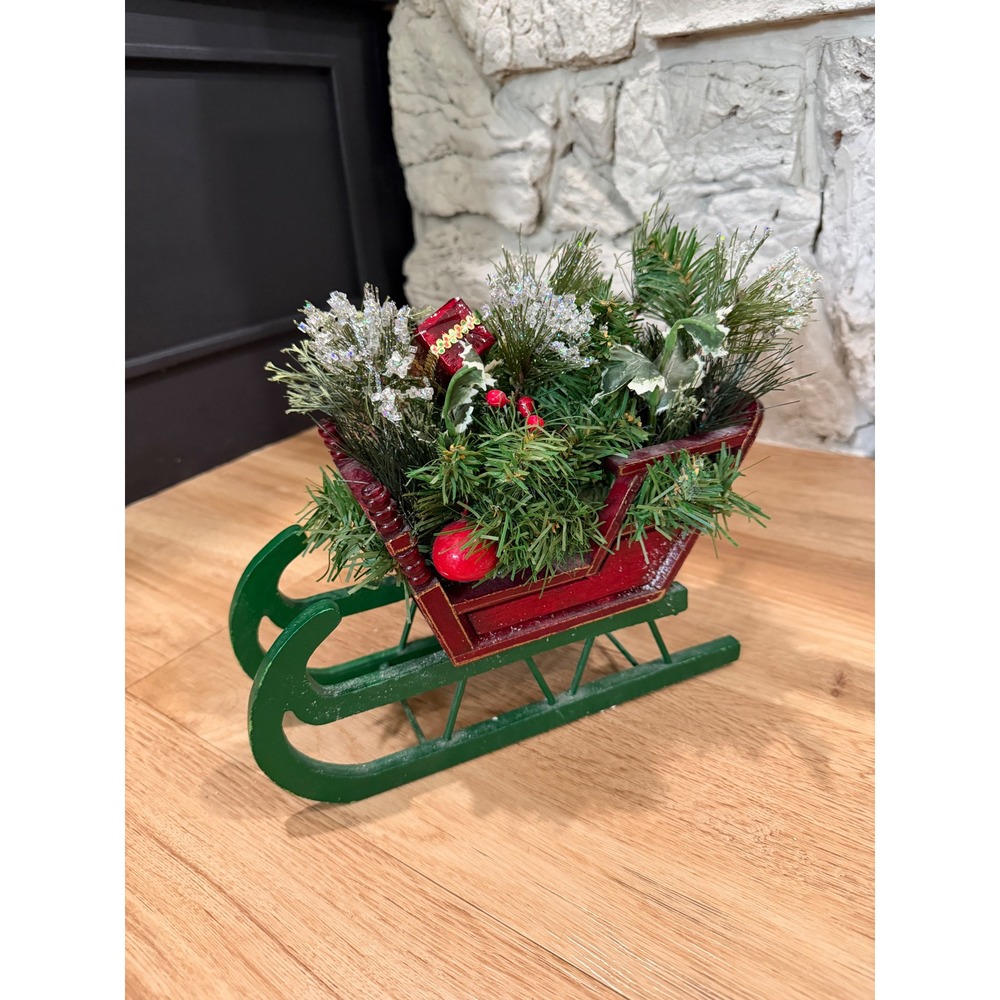 Vintage Christmas Wood Sleigh Centerpiece Red Green Floral Arrangement Decor